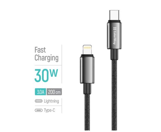 Дата кабель USB-C to Lightning 2.0m PD30W zinc alloy braided black ColorWay (CW-CBPDCL099-BK), изображение 5