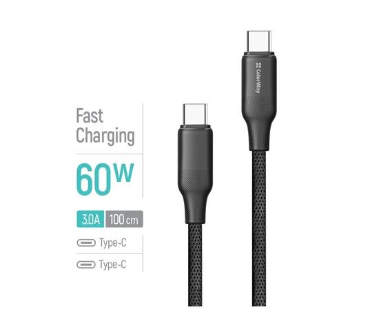 Дата кабель USB-C to USB-C 1.0m 3A 60W TPE embossed black ColorWay (CW-CBPDCC101-BK), изображение 4