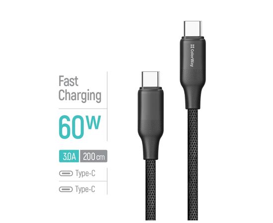 Дата кабель USB-C to USB-C 2.0m 3A 60W TPE embossed black ColorWay (CW-CBPDCC102-BK), изображение 4