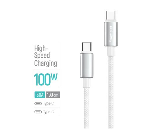 Дата кабель USB-C to USB-C 1.0m 5A 100W zinc alloy braided white ColorWay (CW-CBPDCC098-WT), изображение 4