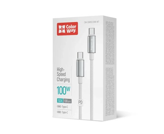 Дата кабель USB-C to USB-C 1.0m 5A 100W zinc alloy braided white ColorWay (CW-CBPDCC098-WT), изображение 5