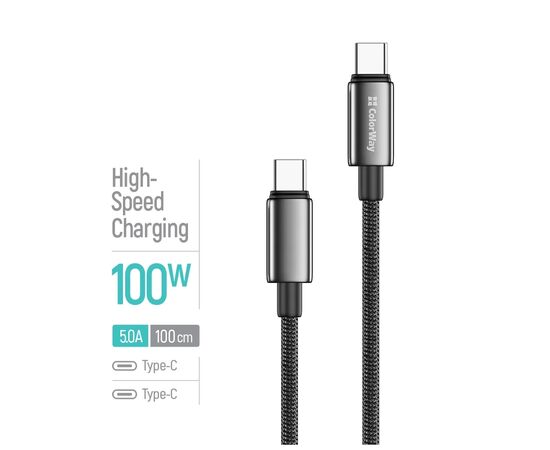 Дата кабель USB-C to USB-C 1.0m 5A 100W zinc alloy braided black ColorWay (CW-CBPDCC098-BK), изображение 4