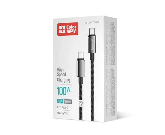 Дата кабель USB-C to USB-C 1.0m 5A 100W zinc alloy braided black ColorWay (CW-CBPDCC098-BK), изображение 5