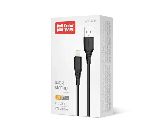 Дата кабель USB 2.0 AM to Lightning 1.0m 3A textured PVC black ColorWay (CW-CBUL094-BK), изображение 5