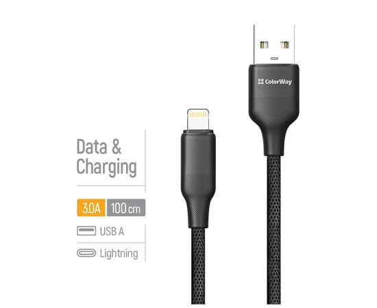 Дата кабель USB 2.0 AM to Lightning 1.0m 3A TPE embossed black ColorWay (CW-CBUL101-BK), изображение 4