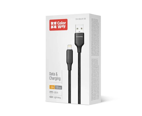 Дата кабель USB 2.0 AM to Lightning 1.0m 3A TPE embossed black ColorWay (CW-CBUL101-BK), изображение 5