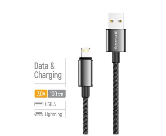 Дата кабель USB 2.0 AM to Lightning 1.0m 3A zinc alloy braided black ColorWay (CW-CBUL098-BK), изображение 4