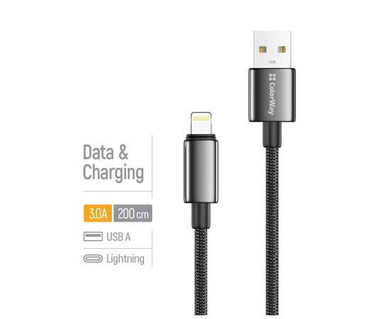 Дата кабель USB 2.0 AM to Lightning 2.0m 3A zinc alloy braided black ColorWay (CW-CBUL099-BK), изображение 4
