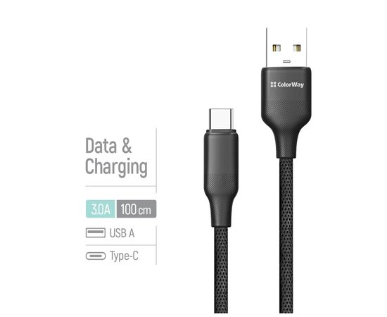 Дата кабель USB 2.0 AM to USB-C 1.0m 3A TPE embossed black ColorWay (CW-CBUC101-BK), изображение 4