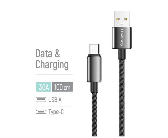 Дата кабель USB 2.0 AM to USB-C 1.0m 3A zinc alloy braided black ColorWay (CW-CBUC098-BK), изображение 4