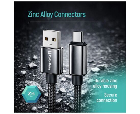 Дата кабель USB 2.0 AM to USB-C 1.0m 3A zinc alloy braided black ColorWay (CW-CBUC098-BK), изображение 9