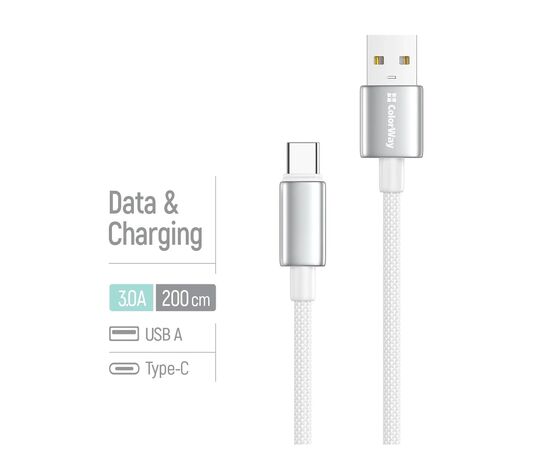 Дата кабель USB 2.0 AM to USB-C 2.0m 3A zinc alloy braided white ColorWay (CW-CBUC099-WT), изображение 4