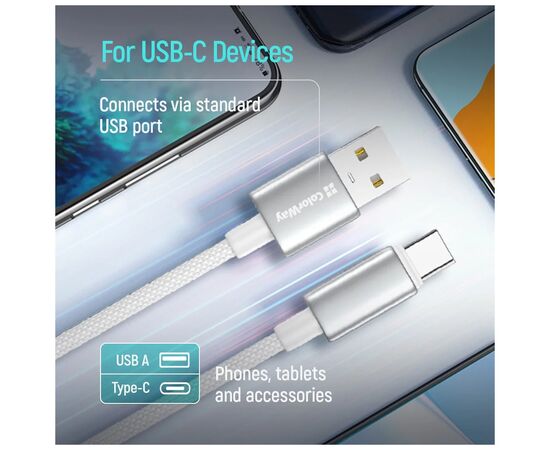 Дата кабель USB 2.0 AM to USB-C 2.0m 3A zinc alloy braided white ColorWay (CW-CBUC099-WT), изображение 6