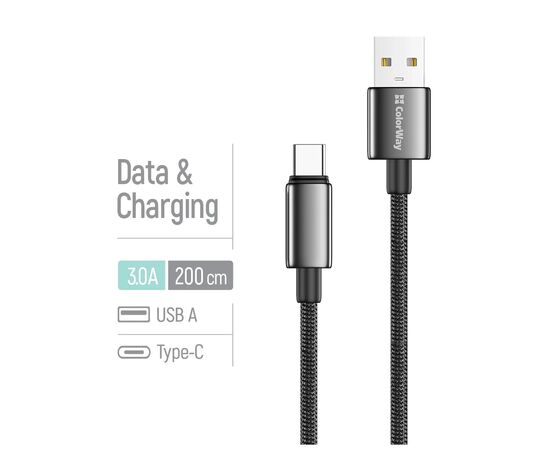 Дата кабель USB 2.0 AM to USB-C 2.0m 3A zinc alloy braided black ColorWay (CW-CBUC099-BK), изображение 4