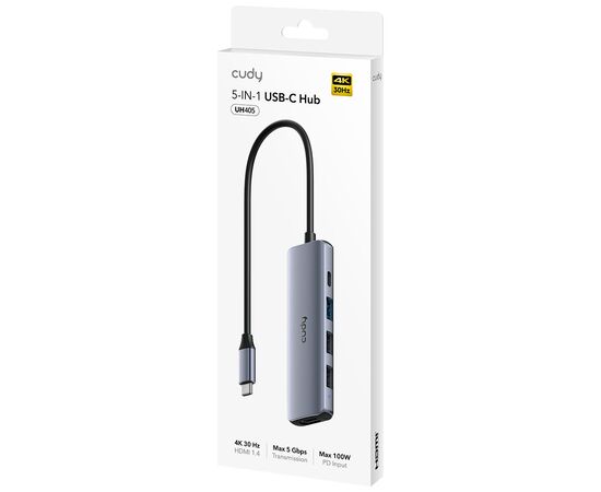 Концентратор Cudy USB-C 5-in-1 1xHDMI 4K + 1xUSB-C PD100W + 1xUSB 3.0 5Gbps + 2xUSB 2.0 (UH405), изображение 2