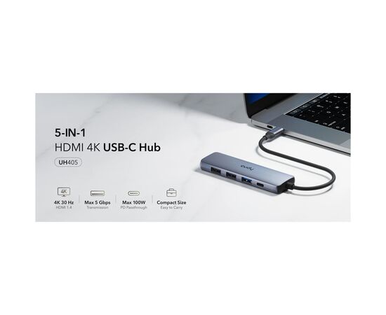 Концентратор Cudy USB-C 5-in-1 1xHDMI 4K + 1xUSB-C PD100W + 1xUSB 3.0 5Gbps + 2xUSB 2.0 (UH405), изображение 3