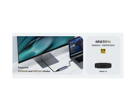 Концентратор Cudy USB-C 5-in-1 1xHDMI 4K + 1xUSB-C PD100W + 1xUSB 3.0 5Gbps + 2xUSB 2.0 (UH405), изображение 4