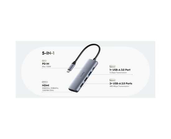 Концентратор Cudy USB-C 5-in-1 1xHDMI 4K + 1xUSB-C PD100W + 1xUSB 3.0 5Gbps + 2xUSB 2.0 (UH405), изображение 7