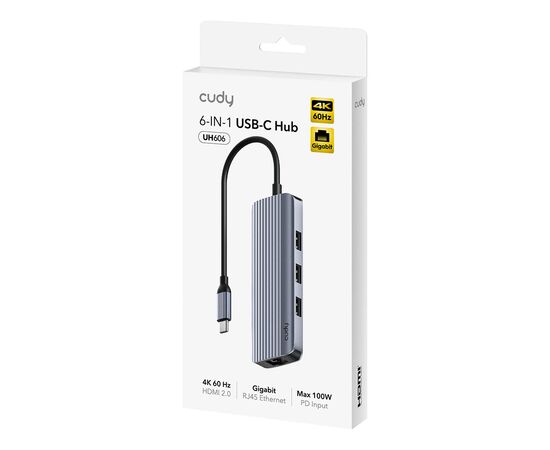 Концентратор Cudy USB-C 6-in-1 1xHDMI 4K + 1xUSB-C + 1xUSB 3.0 5Gbps + 2xUSB 2.0 (UH606), изображение 2