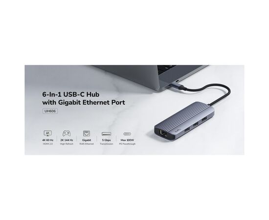Концентратор Cudy USB-C 6-in-1 1xHDMI 4K + 1xUSB-C + 1xUSB 3.0 5Gbps + 2xUSB 2.0 (UH606), изображение 3
