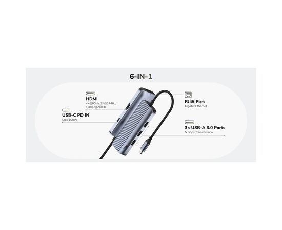 Концентратор Cudy USB-C 6-in-1 1xHDMI 4K + 1xUSB-C + 1xUSB 3.0 5Gbps + 2xUSB 2.0 (UH606), изображение 4