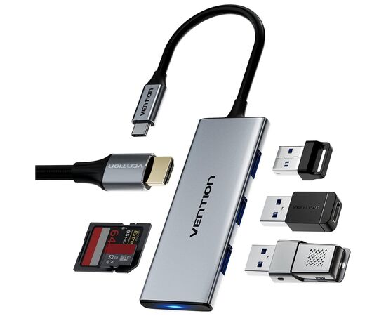 Концентратор Vention USB-C 6-in-1 3xUSB 3.0 + HDMI 4K30Hz + SD/TF 0.15m (TOOHB), изображение 4
