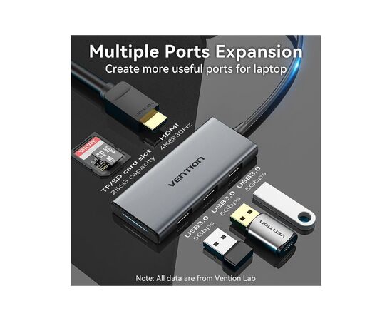 Концентратор Vention USB-C 6-in-1 3xUSB 3.0 + HDMI 4K30Hz + SD/TF 0.15m (TOOHB), изображение 6