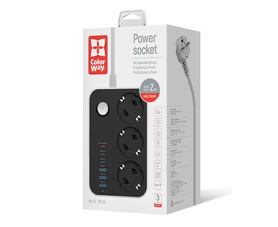 Сетевой фильтр питания ColorWay CW-CHE36PDB, 3 розетки/ 3USB + 3TYPE-C 2M (CW-CHE36PDB), изображение 6