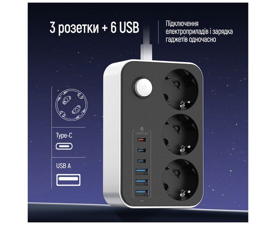 Сетевой фильтр питания ColorWay CW-CHE36PDB, 3 розетки/ 3USB + 3TYPE-C 2M (CW-CHE36PDB), изображение 7