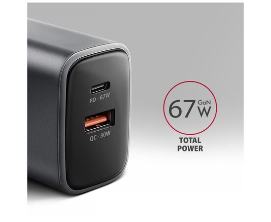 Зарядний пристрій AXAGON 1xUSB-C PD67W + 1xUSB QC4+ PPS gray (ACU-PQ67), зображення 2