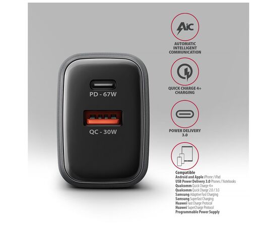Зарядний пристрій AXAGON 1xUSB-C PD67W + 1xUSB QC4+ PPS gray (ACU-PQ67), зображення 4