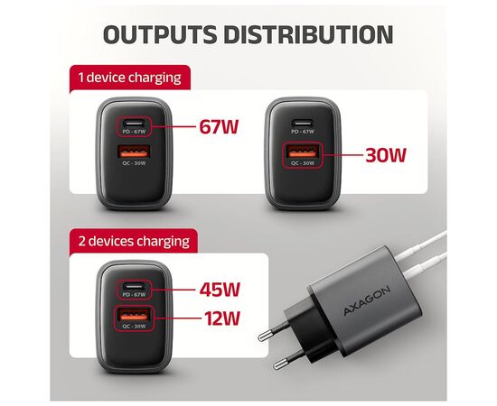 Зарядний пристрій AXAGON 1xUSB-C PD67W + 1xUSB QC4+ PPS gray (ACU-PQ67), зображення 7