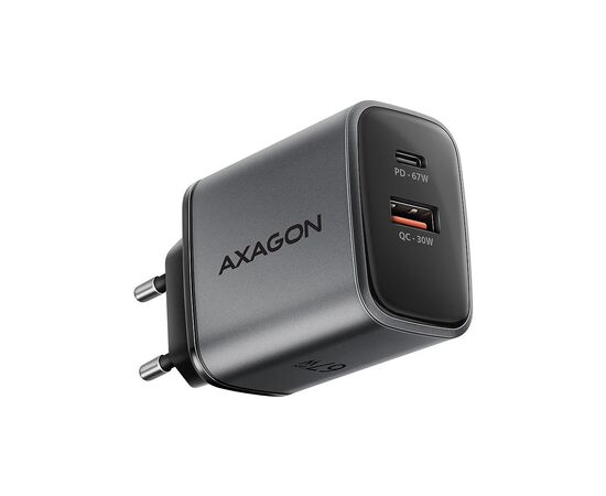 Зарядний пристрій AXAGON 1xUSB-C PD67W + 1xUSB QC4+ PPS gray (ACU-PQ67)