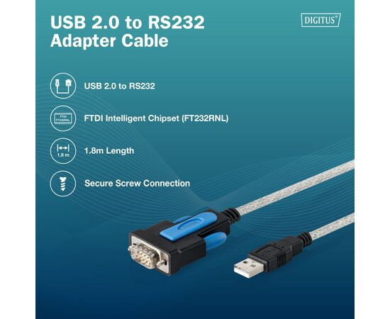 Кабель для передачи данных Digitus USB to COM M 1.8m RS232 FTDI black (DA-70170), изображение 4