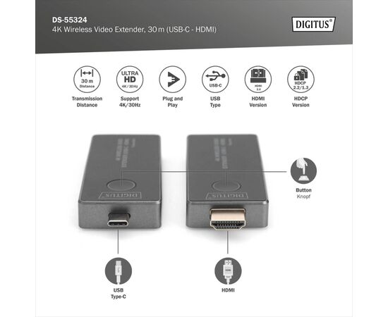 Адаптер HDMI extender 30m USB-C to HDMI 4K UHD wireless black Digitus (DS-55324), изображение 2