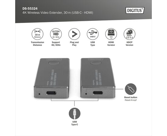 Адаптер HDMI extender 30m USB-C to HDMI 4K UHD wireless black Digitus (DS-55324), изображение 3