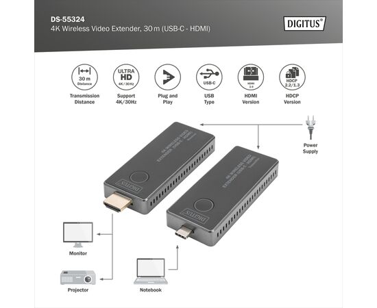 Адаптер HDMI extender 30m USB-C to HDMI 4K UHD wireless black Digitus (DS-55324), изображение 4