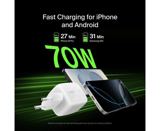 Зарядное устройство Belkin 2xUSB-C + 1xUSB PD70W PPS GaN white (WCH018HQWH), изображение 2
