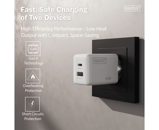Зарядний пристрій Digitus 1xUSB-C + 1xUSB PD45W GaN white (DA-10302), зображення 4