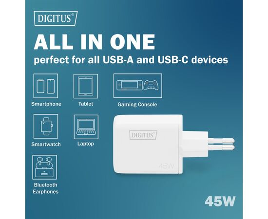 Зарядний пристрій Digitus 1xUSB-C + 1xUSB PD45W GaN white (DA-10302), зображення 5