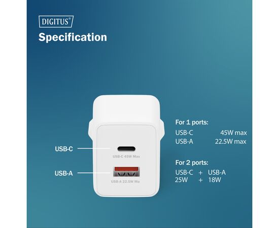 Зарядний пристрій Digitus 1xUSB-C + 1xUSB PD45W GaN white (DA-10302), зображення 6