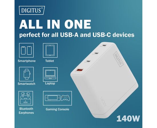 Зарядний пристрій Digitus 3xUSB-C + 1xUSB PD140W GaN white (DA-10305), зображення 2