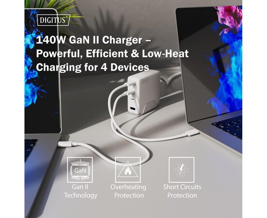 Зарядний пристрій Digitus 3xUSB-C + 1xUSB PD140W GaN white (DA-10305), зображення 3
