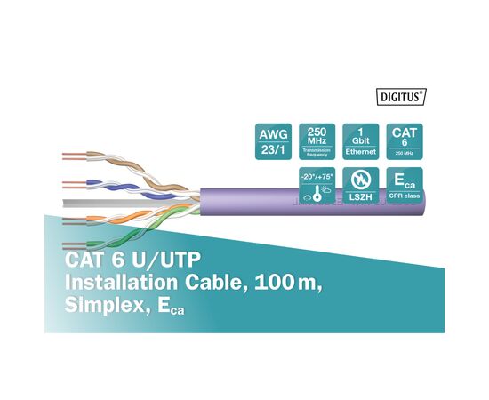 Кабель мережевий Digitus UTP 100м, cat.6, AWG 23/1, CU, LSZH-1, violet (U-UTP) (DK-1613-VH-1), зображення 3