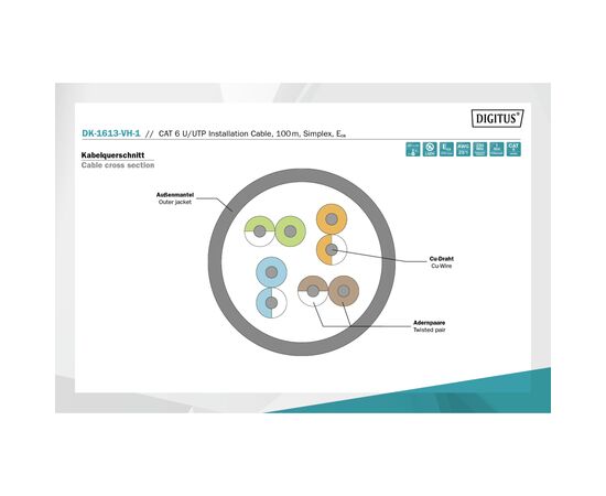 Кабель мережевий Digitus UTP 100м, cat.6, AWG 23/1, CU, LSZH-1, violet (U-UTP) (DK-1613-VH-1), зображення 9