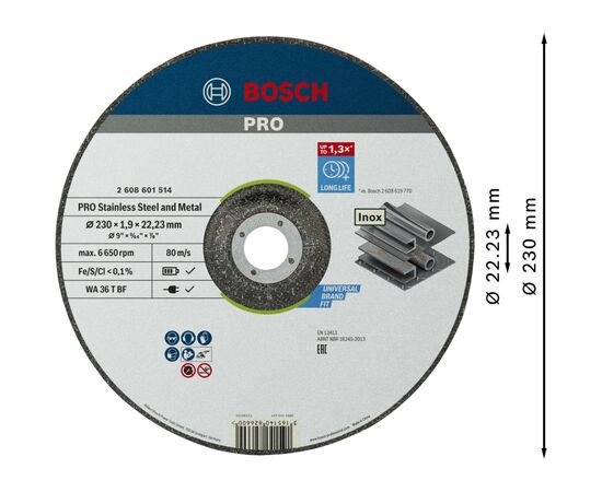 Круг отрезной Bosch Professional, для нержавеющей стали и металла, 230×1.9×22.23 mm (2.608.601.514), изображение 3