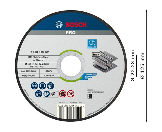 Круг відрізний Bosch Professional, для нержавіючої сталі та металу, 125×1.6×22.23 mm, 100 шт (2.608.626.114), зображення 2