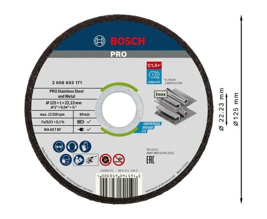 Круг отрезной Bosch Professional, для нержавеющей стали и металла, 125×1×22.23 мм, 100 шт (2.608.626.113), изображение 3