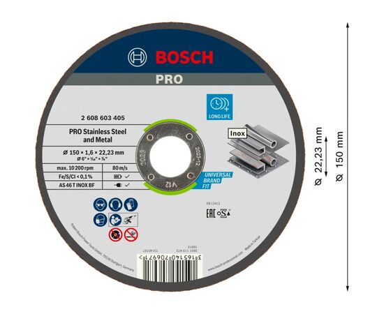 Круг отрезной Bosch Professional, для нержавеющей стали и металла, 150×1.6×22.23 mm (2.608.603.405), изображение 2