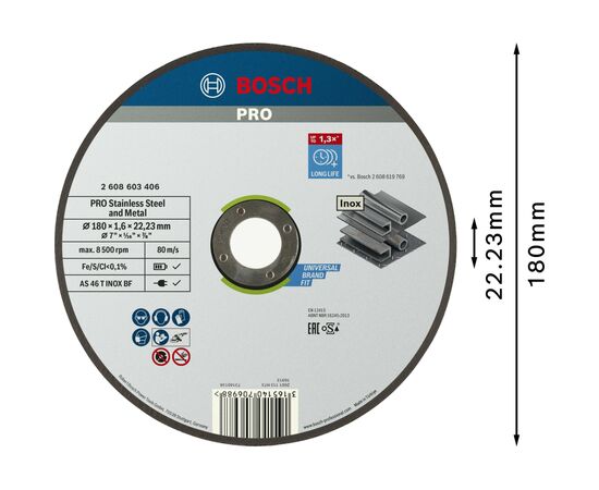 Круг отрезной Bosch Professional, для нержавеющей стали и металла, 180×1.6×22.23 mm (2.608.603.406), изображение 3
